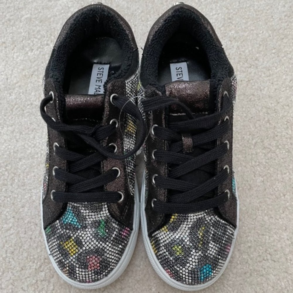 Steve Madden Kids' Jceecee Leopard Print Sparkly Bejeweled Lace Sneaker 3 NWT
